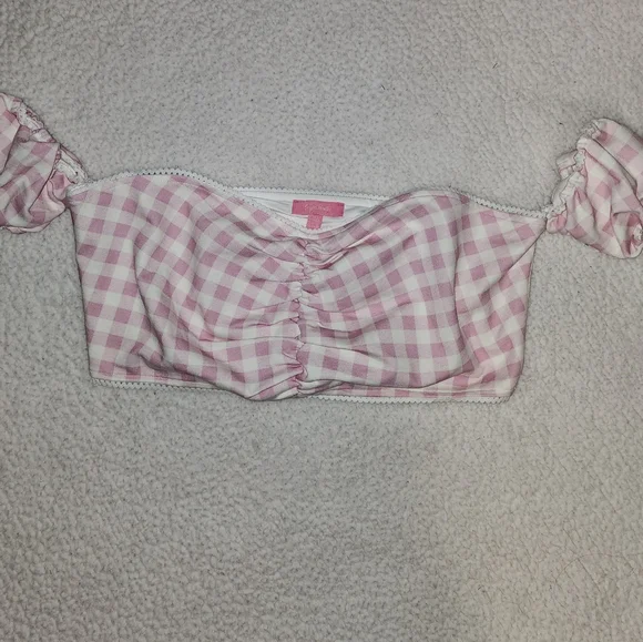 NWT Dolls Kill Pink And White Plaid Sexy Peasants Style Crop Top 😍 - Picture 2 of 7